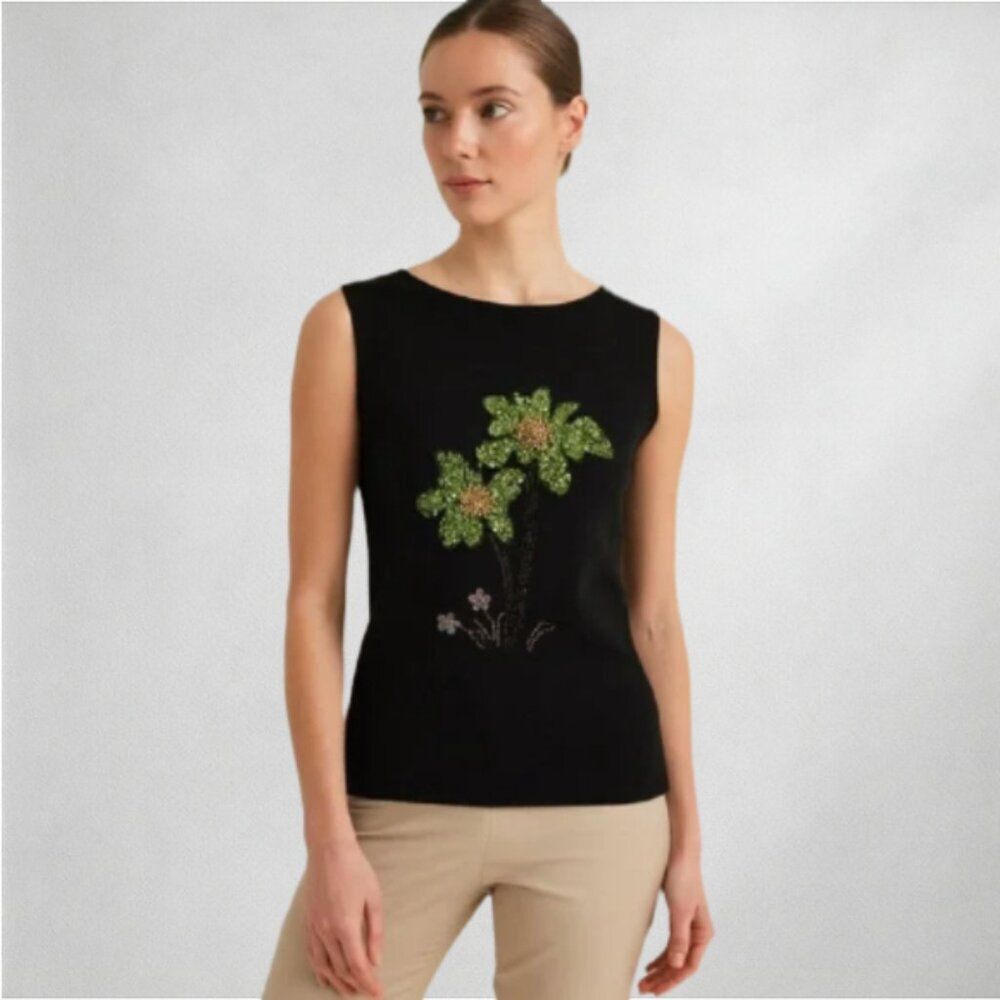 Lucia Burns Black Beaded Floral Sequin Knit Top L Y2K Vintage Sleeveless Vest